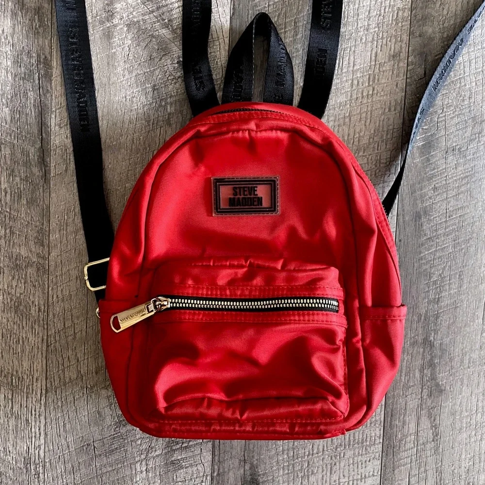 Steve Madden‎ Red Nylon Mini Backpack Logo Webbing Straps Gold Hardware